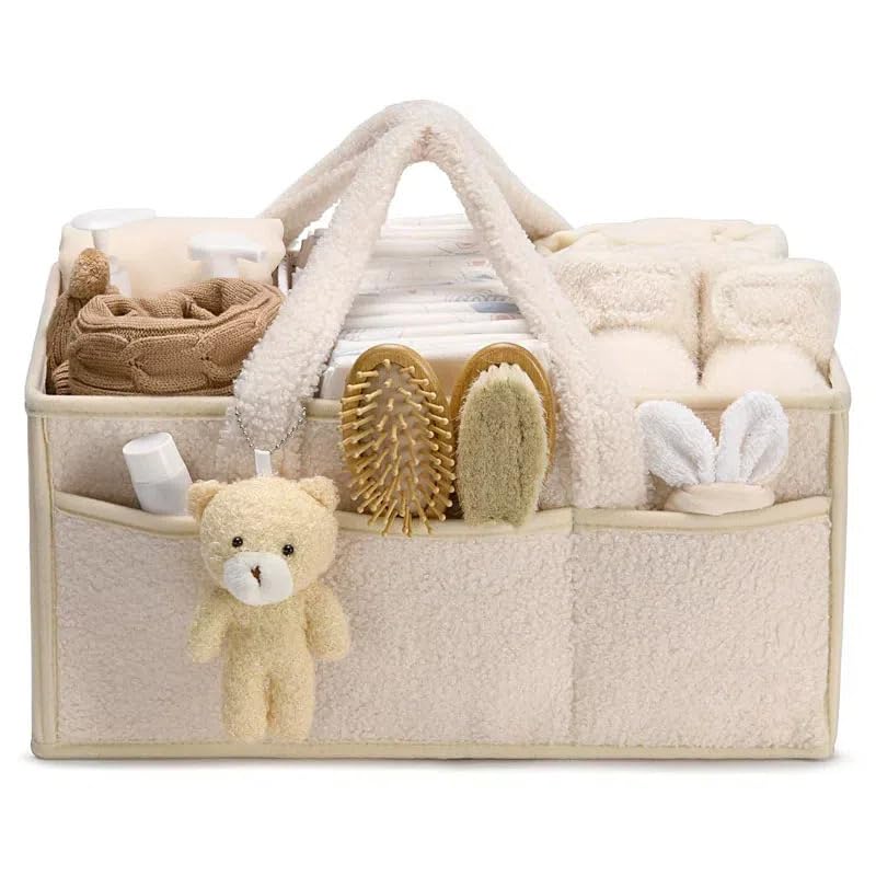 EHOTER Baby Nappy Caddy Organiser with Removable Dividers Portable Baby Diaper Caddy Nursery Storage Baskets Baby Wipes Bag Newborn Essentials Gifts for Mum Baby (White)