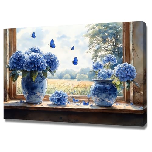 Toile Fleur Rue Maison TERUEA 60x90cm - Solution Déco Prête à Poser pour Murs Vides