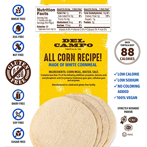 Del Campo Soft Corn Tortillas – 8 Inch Round. 100% Delicious, Gluten Free And All-Corn Authentic Mexican Food. Many Serving Options: Wraps, Tacos, Quesadillas Or Burritos, Kosher. (8Ct.) (Pack Of 3 #TOP1
