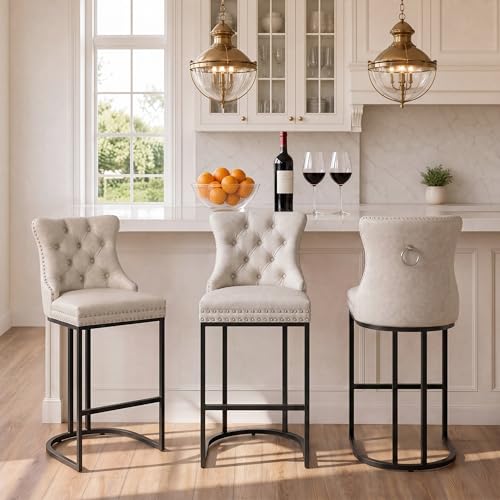 Image of UVV Counter Height Bar Stools Set of 2, 26 inch Modern Barstools with Back, Faux Leather Upholstery Counter Chairs with Metal Legs for Kitchen Island, Bar, Counter, Beige
