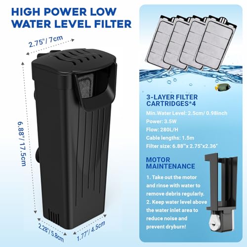 Image of GOZILLA Turtle Tank Filter 74GPH, Low Water Level Turtle Tank 3.5W Fish Tank Aquarium Filters for Small Tanks up to 15 Gallons Include 4 Replacement Cartridges.(Black)