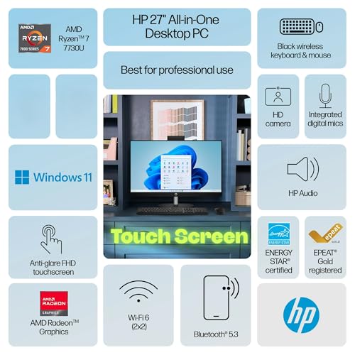 Image of Customized HP 27 inch Touch-Screen All-in-One PC, AMD Ryzen 7 7730U(Outperforms Core-i7-1355u), 8GB / 16GB / 32GB / 64GB RAM, 512GB / 1TB / 2TB SSD, Anti-Glare FHD Display,HDMI, Wireless KB&M, Win 11