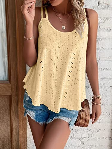 Rukle Womens Tank Tops Eyelet Embroidery Flowy Spaghetti Strap Swimsuit Beach Cover Up Loose Scoopneck Summer Sleeveless Cami Yellow #TOP2