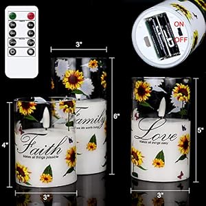 DRomance Sunflower Glass Flameless Candles with Remote Timer Battery Operated LED Pillar Candles Real Wax 3D Wick Flickering Warm Light Wedding Dinner Holiday Spring Candles 3 x 4,5,6 Inches DRomance Sunflower Glass Flameless Candles with Remote Timer Battery Operated LED Pillar Candles Real Wax 3D Wick Flickering Warm Light Wedding Dinner Holiday Spring Candles 3 x 456 Inches