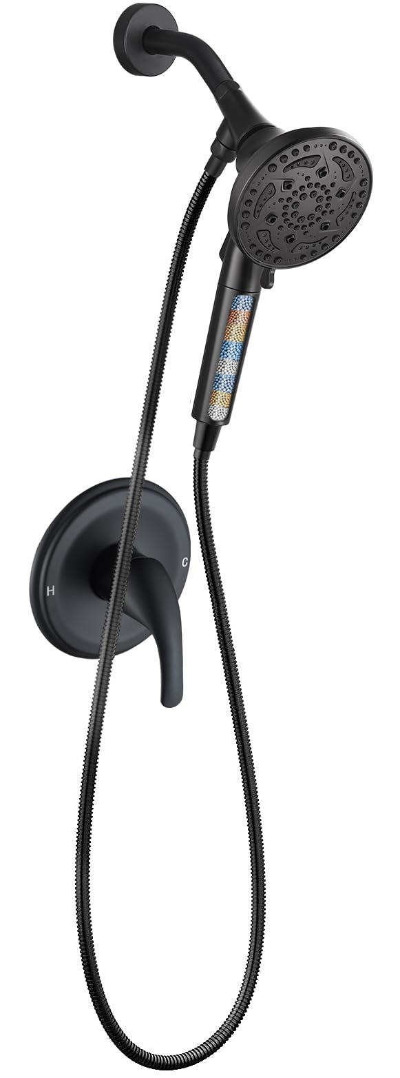 Cobbe Mattle Black Shower Faucet Set with Valve, Shower Valve with 7-Spray Filtered Black Shower Head with Handle Set, Shower System with Rain Shower and Handled, Trim Kit(Valve Included)