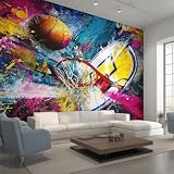 Générique Papier Peint Basketball Coloré Graffiti, Motif Papier Peint Intissé Panoramique Art Urbain Hip Hop 350x256 Wallpaper Pour Salon Chambre Deco Murale W28