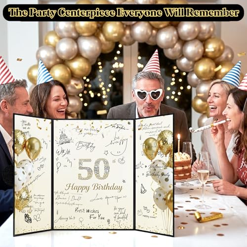 Image of 50th Birthday Guest Book Alternative, Black Gold Signature Board | 16.53 x 11.61 in trifold board, magnetic closure, starlight film, stands upright, pre-printed for 50th birthday wishes