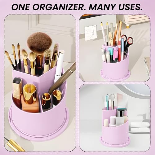 Image of OCEANEVO Cosmetic Makeup Brush Holder with Makeup Sponge, Dustproof Makeup Brush Organiser Stand with 360 Rotatable Lid - 12.5 x 27 Cm - Purple - 1 Year Warranty