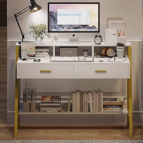 Tiptiper Computer Desk with Drawers, Hutch & Moniter Stand, Home Office Writing Desk Workstation Table with Bookshelf, for Work & Study, White and Gold Cover