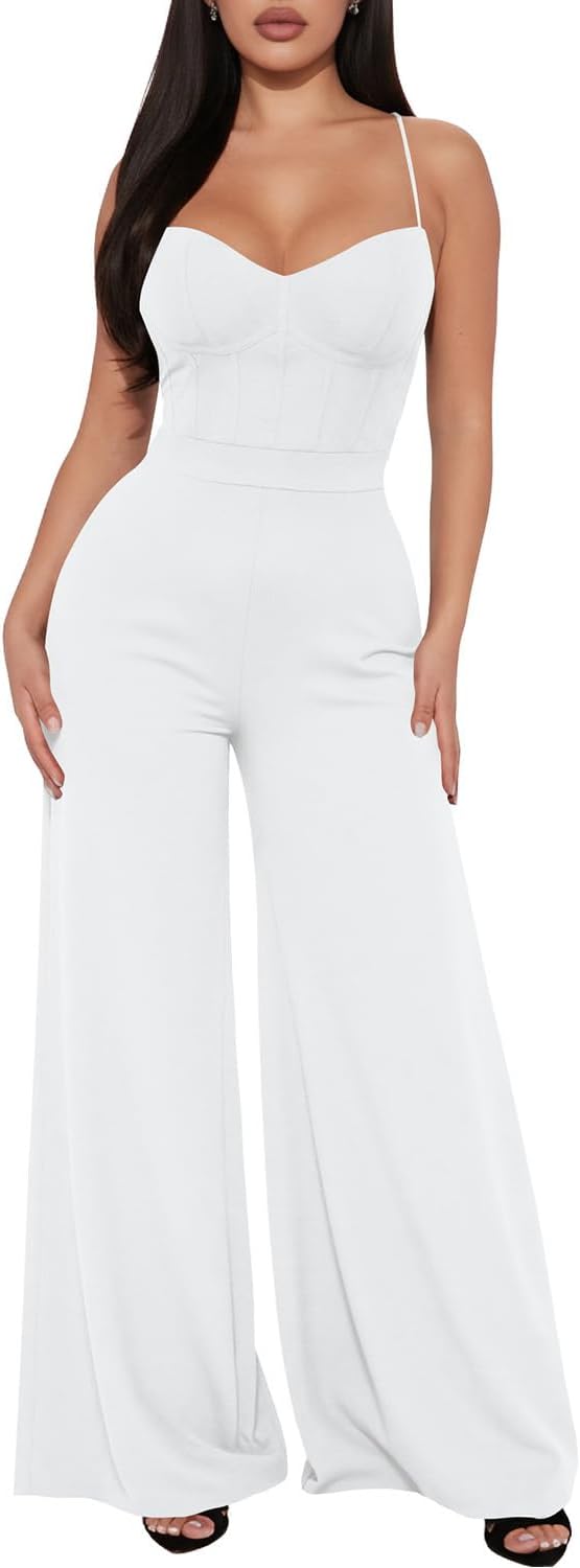 Hocuos Jumpsuits for Women Sleeveless Spaghetti Straps Wide Leg Long Pants Elegant Dressy Corset Jumpsuit Casual Overalls
