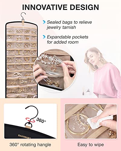 BAGSMART Hanging Jewelry Organizer, Necklace Holder Anti-tangle Earrings Rings Hanger with 20 Jewelry Bags Travel Storage Roll with Pockets Hang on Closet, Wall, Door,1 Piece, Large, Black - Image 5