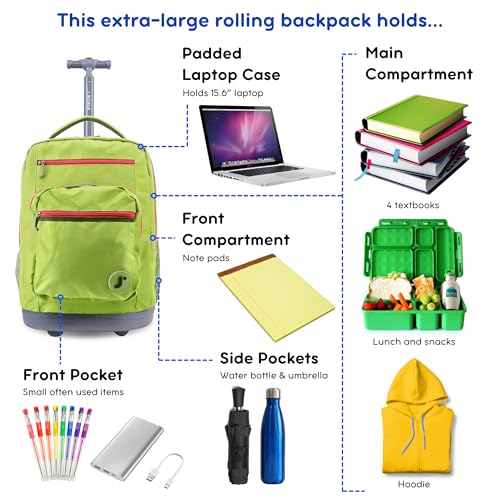 Image of J World Sundance Laptop Rolling Backpack for Girls Boys. Roller Bookbag with Wheels, 20 Inch, Celery