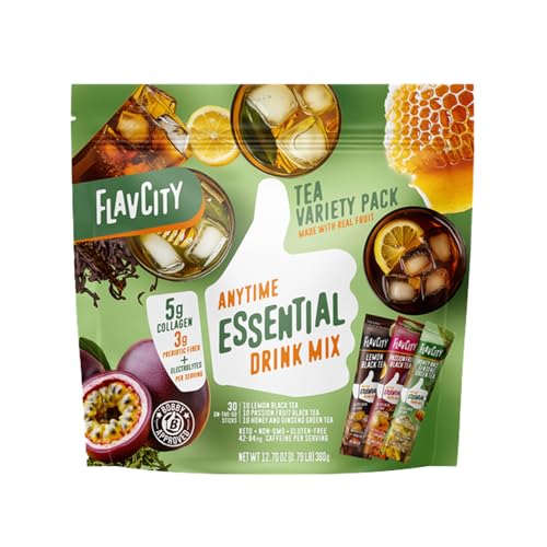 FlavCity Anytime Essential Tea Variety Pack - Powder Drink Mix Packets with Collagen - Black & Green Tea Water Flavoring Packets - 3 Flavors - With Collagen, Fiber & Electrolytes (30 Stick Packs)