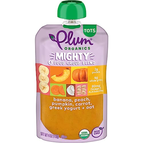Plum Organics Mighty 4 Organic Toddler Food - Banana, Peach, Pumpkin, Carrot, Greek Yogurt, and Oat - 4 oz Pouch (Pack of 6) - Organic Fruit and Vegetable Toddler Food Pouch