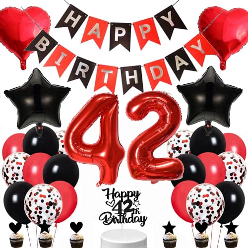 Conruich Ballon 42 ans Anniversaire Femme, Decoration Anniversaire 42 ans Homme Femme, Decoration de Gâteau Toppers Happy 42th Birthday Noir,Kit de Fournitures de Fête pour 42 ans Anniversaire Femme