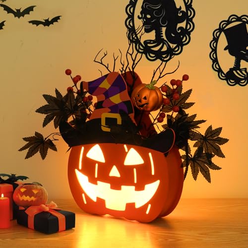 Lighted Halloween Jack-O-Lantern with Witch's Hat - Rustic Decor - Image 5