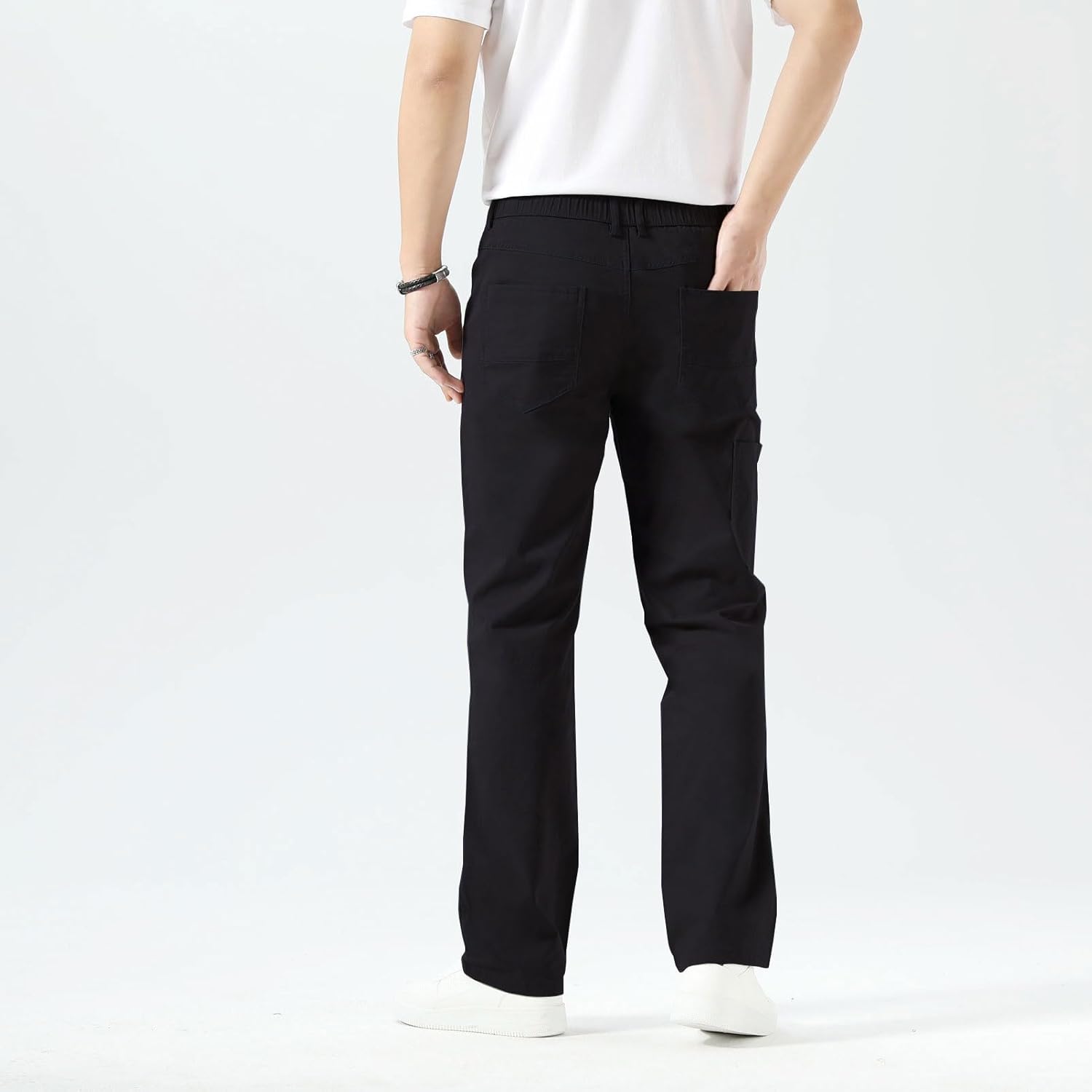 Plaid&Plain Men's Khaki Pants Stretchy Straight Fit with Side Pocket and Elastic Waistband - Image 2