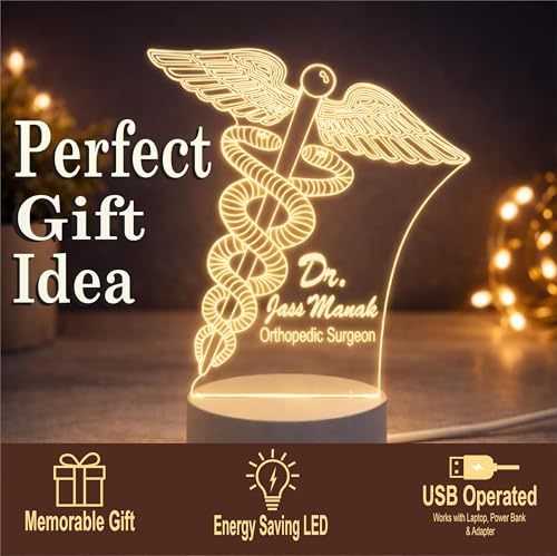 Image of Doctor Themed 3D Illusion LED Night Lamp - Personalized Medical Professional Name Lamp - Warm White USB Powered Acrylic Table Light - Gift for Doctors, Nurses, Healthcare Workers (Dr lamp 1)