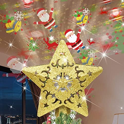 ROMUCHE Christmas Tree Topper Gold Star Tree Topper with Rotating Santa Led Projector Christmas Tree Topper Lighted for Tree Toppers Christmas Decorations