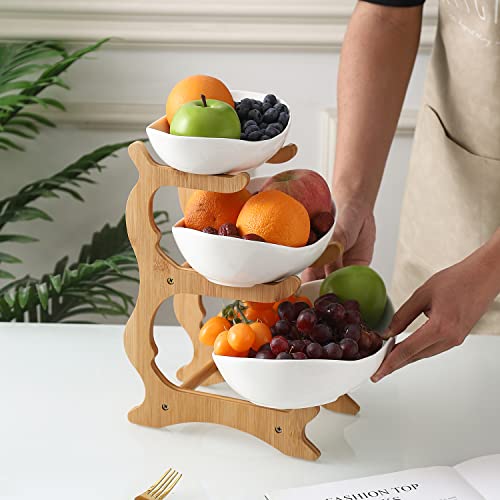 Foto von MINGCASA Obstkorb mit 3 Ebenen, Keramik, natürlicher Bambusständer, Küche, Organizer für Gemüse und Obst ，Ständer Servierteller für Obst, Kuchen, Süßigkeiten (Keramik)