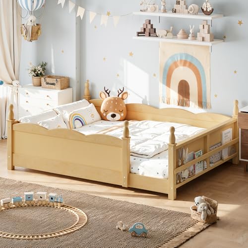 Image of Bellemave Full Size Montessori Floor Bed Frame with High Fence, Solid Wood Kids Floor Bed with Bookshelf, Low Profile Bed for Boys & Girls, Childlike Design,Natural