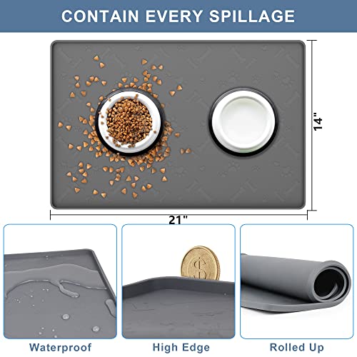 Iyyi Cat Food Mat, Silicone Pet Food Mat For Floor, Waterproof Non Slip Pet Feeding Mat, Raised Edge Cat Bowl Mat To Stop Food Spills And Water Messes (Gray+L) #TOP3