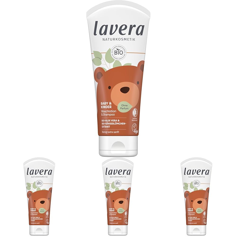 lavera Baby & Kinder Waschlotion und Shampoo - hautschonend - sanfte Reinigung - ohne Duft- & Konservierungsstoffe - vegan - Naturkosmetik - 200 ml (Packung mit 4)