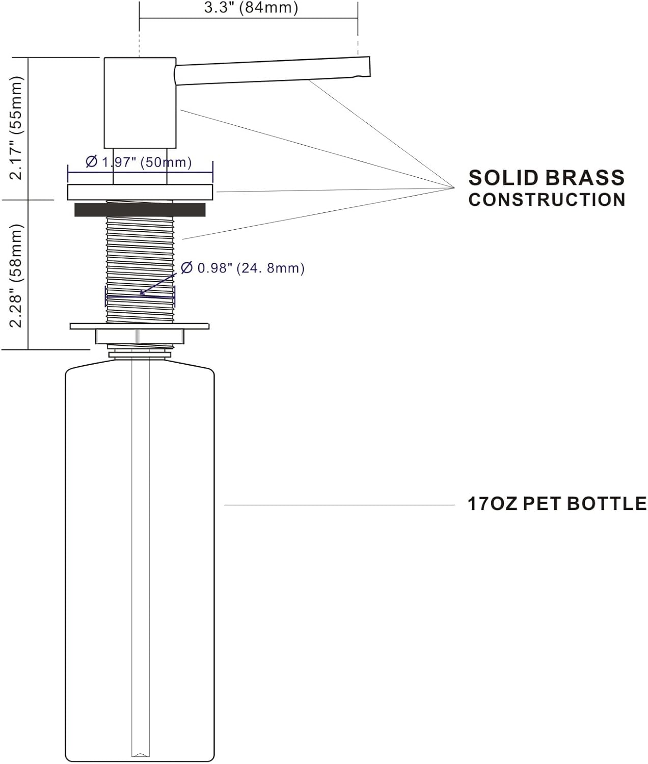 Brushed Gold All Brass Sink Soap Dispenser for Kitchen Sink Deck Mounted with 17 OZ Above The Sink Refillable PET Bottle Brass Pump Head in Counter Dish Soap Dispenser - Image 9