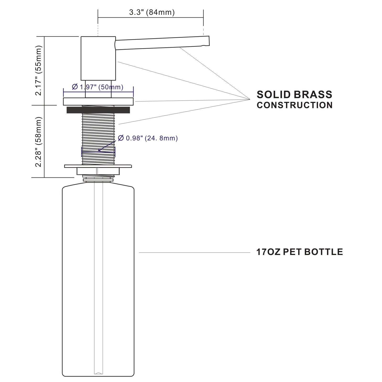 EADOT Distributeur de savon en laiton doré brossé pour évier de cuisine monté avec 482,9 g au-dessus de l'évier - Bouteille rechargeable en PET - Tête de pompe en laiton sur comptoir