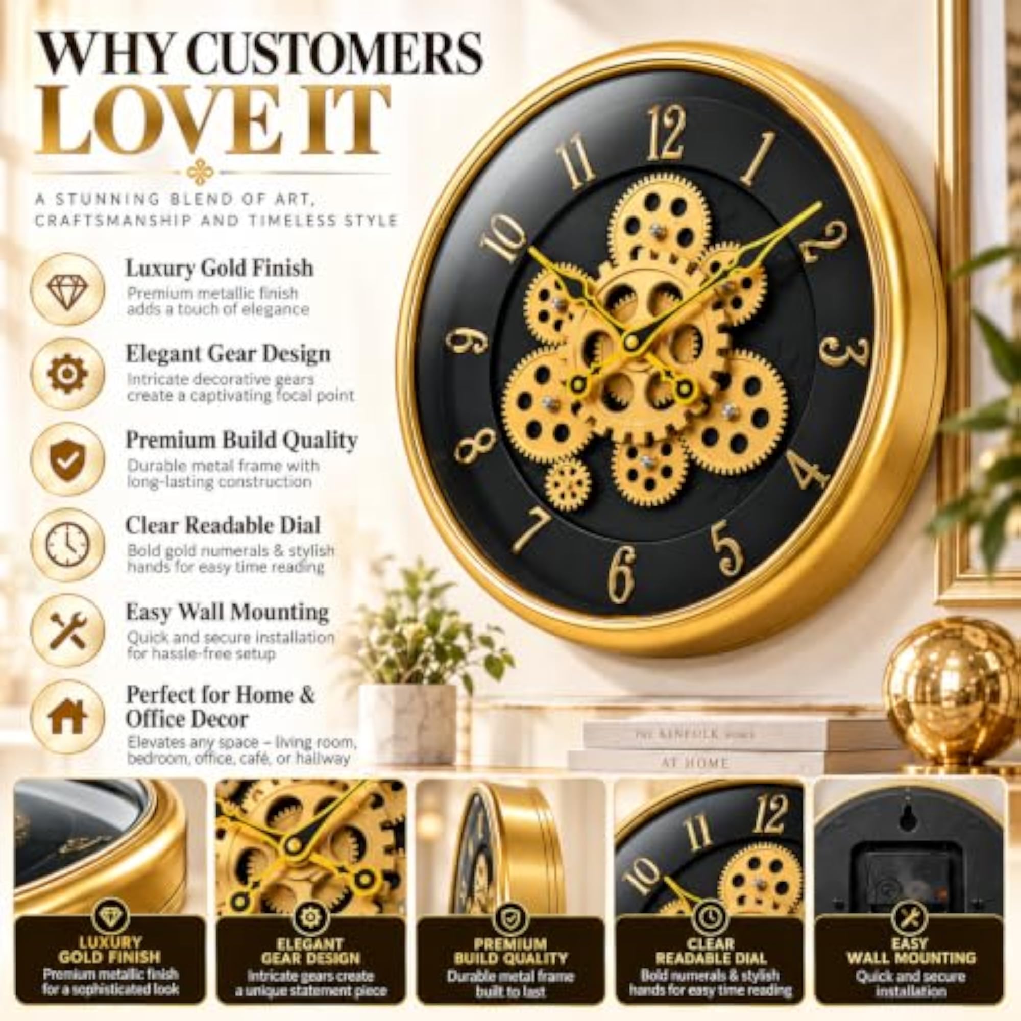 Luxury Gold & Black Gear Wall Clock, Decorative Piece
