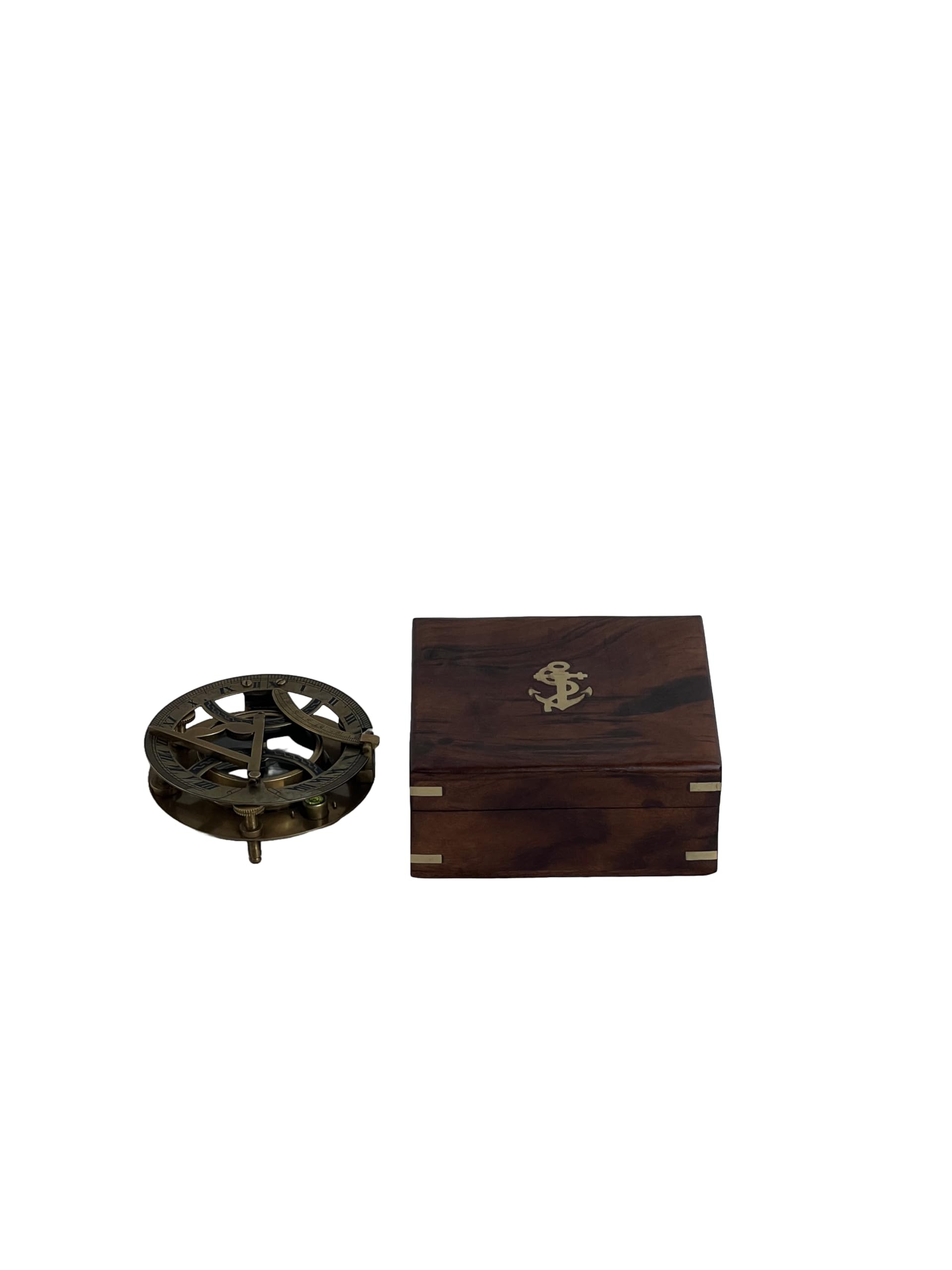 Bussola meridiana vintage in ottone con scatola di legno, finitura lucida anticata, regalo nautico, 11 x 11 x 4 cm
