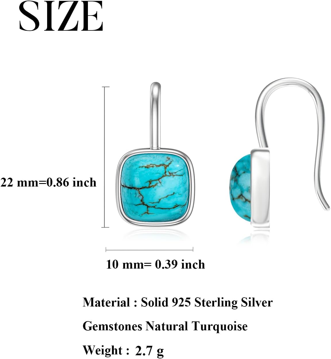 Genuine Turquoise Drop Earrings for Women Square Blue Green Gemstone Dangling Earring 925 Sterling Silver Jewelry Gift for Her Wife Mom - Image 8