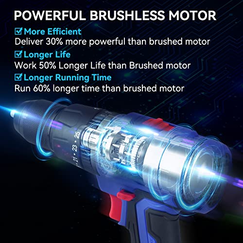 Vcanenergy 20V Brushless Cordless Power Drill, 25+3 Hammer Drill Driver, 530 In-Lbs Torque, 1/2” Metal Keyless Chuck, 2-Variable Speeds With 1X2.0Ah Batteries And Charger #TOP1