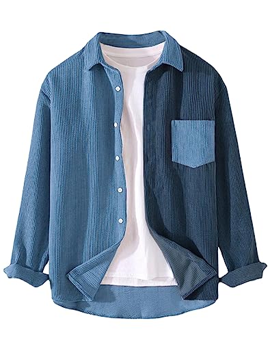 Lucrosun Men's Regular Fit Corduroy Shirt Color Block Button Up Shacket Jacket, Blue, XL