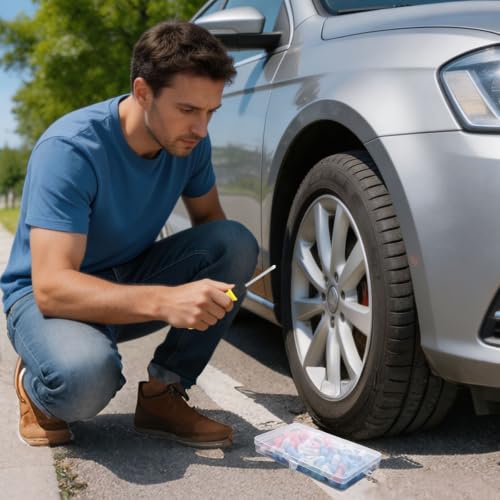 Image of Linkstyle 100PCS Tire Repair Kit, Screw-in Tire Plug Set with 3 Sizes Rubber Plugs, Flat Tire Puncture Repair Screws for Car Truck Motorcycle SUV Roadside Emergency Fix with Screwdriver & Storage Case