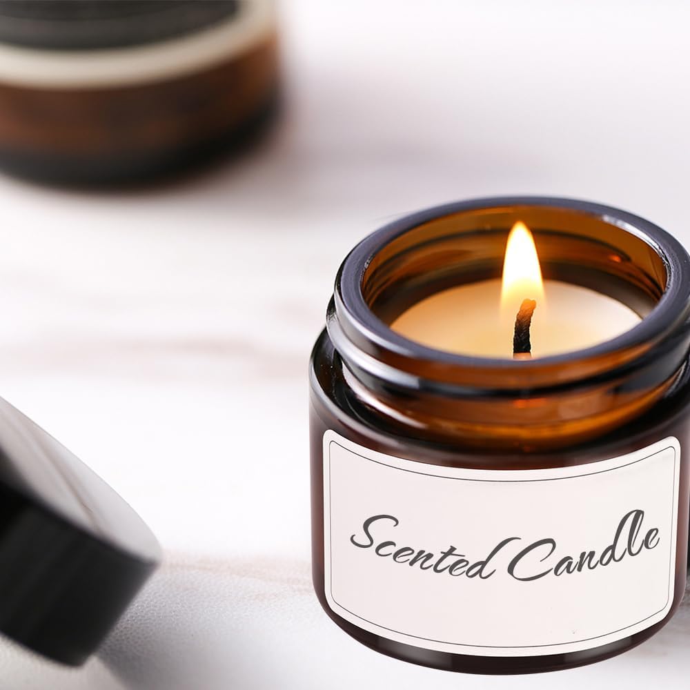 2 oz Glass Jars with Lids, 48 Pcs Bumobum Small Amber Glass Candle Jars with Black Lids, White Labels & Inner Liners, Empty Round Cosmetic Containers for Cream, Lotion, Slime, Ointments