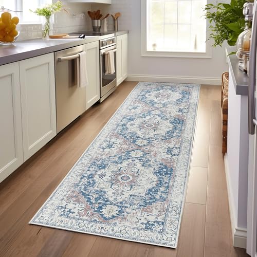 jinchan Kelda Runner Rug 3x10 Vintage Hallway Rug Washable Runner Retro Floor Cover Lightweight Non-Slip Low Pile Thin Distressed Carpet for Entryway