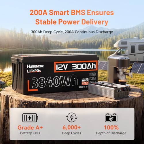 Image of HumsiENK 12V 300Ah (314Ah) LiFePO4 Battery, 3840Wh Deep Cycle Lithium Iron Phosphate Battery, 6000+ Cycles Built-in 200A BMS, Support Series Connection for RV Solar Off-Grid System
