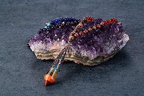 Jovivi 108 Mala Beads Bracelet Real Stones 7 Chakra Healing Crystals Necklace with 12 Facted Prism Pointed Pendant Reiki Energy Balancing Prayer Mala Beads for Meditation3