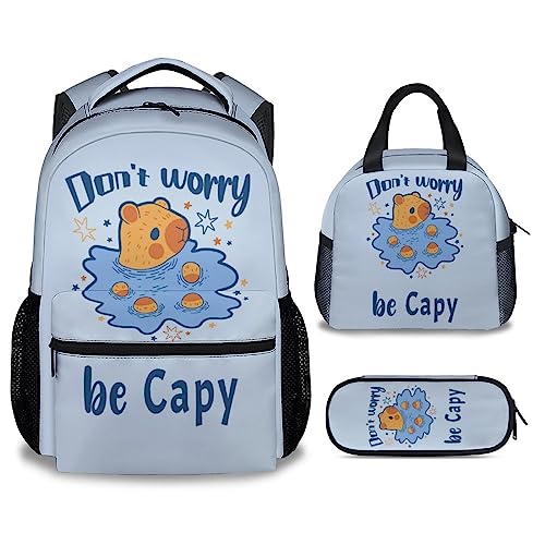 Kids Backpack with Lunch Box for Girls Boys, Set of 3 School Backpacks Matching Combo for Travel, Camping, Cute Light Blue Bookbag and Pencil Case Bundle for Primary Middle School