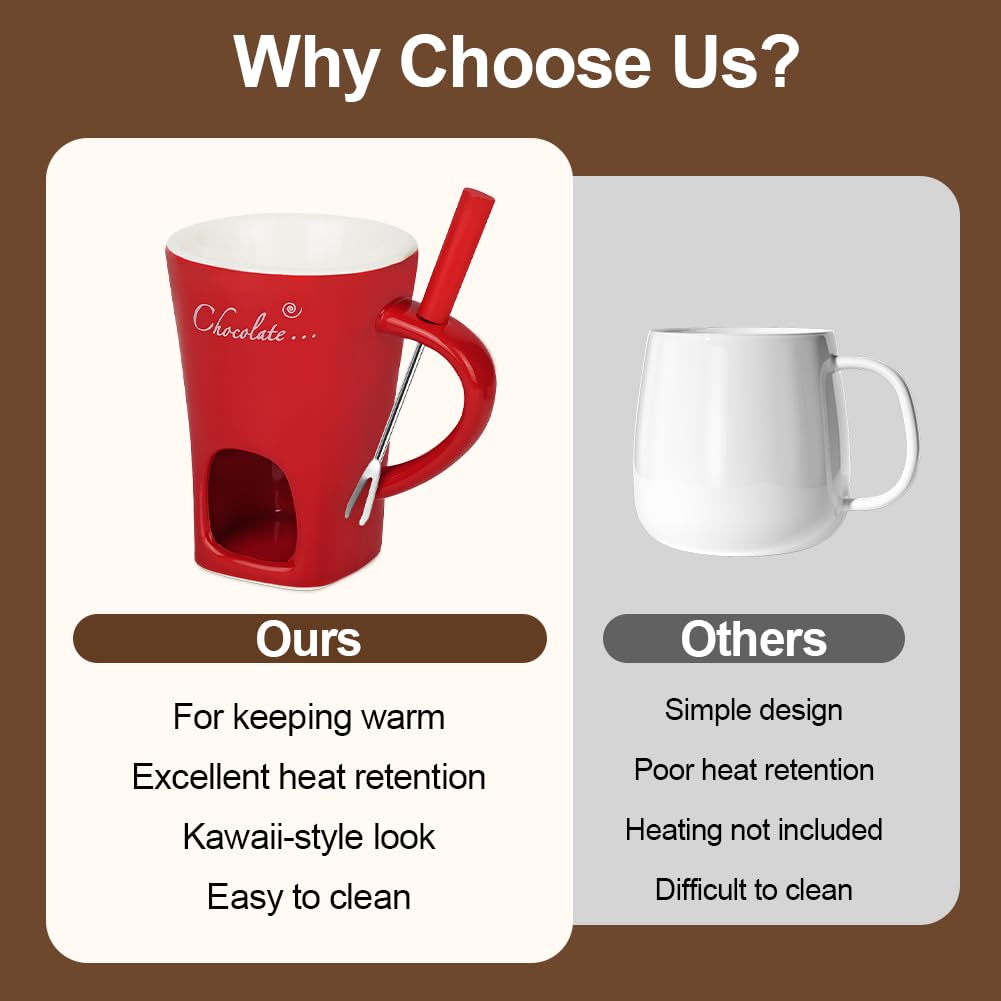 Vicloon Tazas de Fondue de Chocolate, 130 ML Taza de Fusión de Chocolate de Cerámica, Taza de Fusión de Queso con Tenedores, para Derretir Queso, Chocolates y Mantequilla (Rojo)
