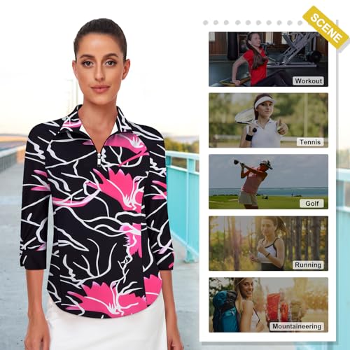 Image of Cucuchy Style Womens Golf Shirt 3 /4 Sleeve Quarter Zip Workout Tennis Tops Quick Dry UPF 50+ Shirts
