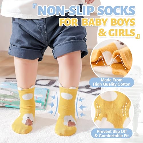 ANTSANG 12 Pairs Baby Girls Boys Toddlers Kids Grips Socks Crew Cotton Non-Slip/Anti-Skid Grips Socks(Fun Animal,3-5T)