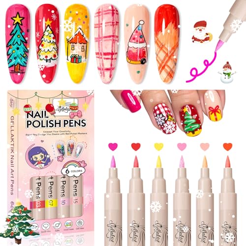 6 Colors Nail Art Pens Set, 3D Nail Polish Pens Quick-Drying Acrylic Paint Markers, Dotting Liner Brush for DIY Nail Design, Home & Salon Manicure Tools