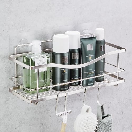 KINCMAX Premium Shower Caddy – Adhesive Bathroom Shower Organizer and Storage w/ 4 Hooks, No Drill Shower Shelves for Inside Shower, Rustproof Stainless Steel Shower Rack, Accessories Holder, Silver