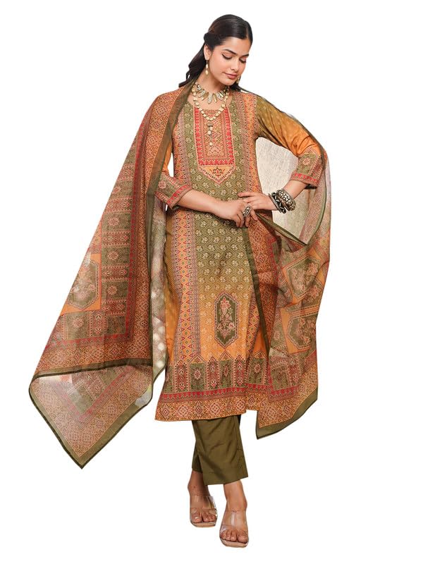Image of Vaamsi Women's Olive Rayon Printed Straight Kurta Pants With Dupatta Set | Festive Straight Kurta Set For Women | Printed Salwar Suit For Women