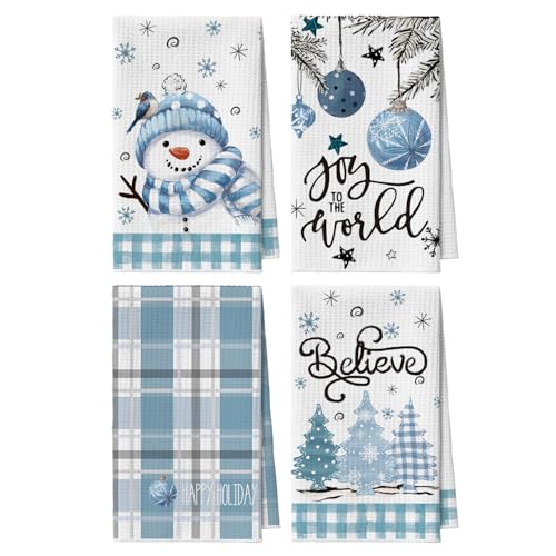 Artoid Mode Blau BüffelKaro Schneemann Baum Weihnachtskugel Weihnachten Küchentücher Geschirrtücher, 42x65 cm Mikrofaser Saugfähig Küchen Deko 4er Set
