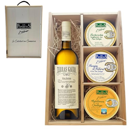 LOS PEPERETES Pack Gourmet Marisco Gallego con Vino Terras Gaudas | x2 Berberechos al Natural · x2 Navajas al Natural · x2 Mejillones a la Gallega | Estuche Lote Delicatessen Premium Latas Conserva
