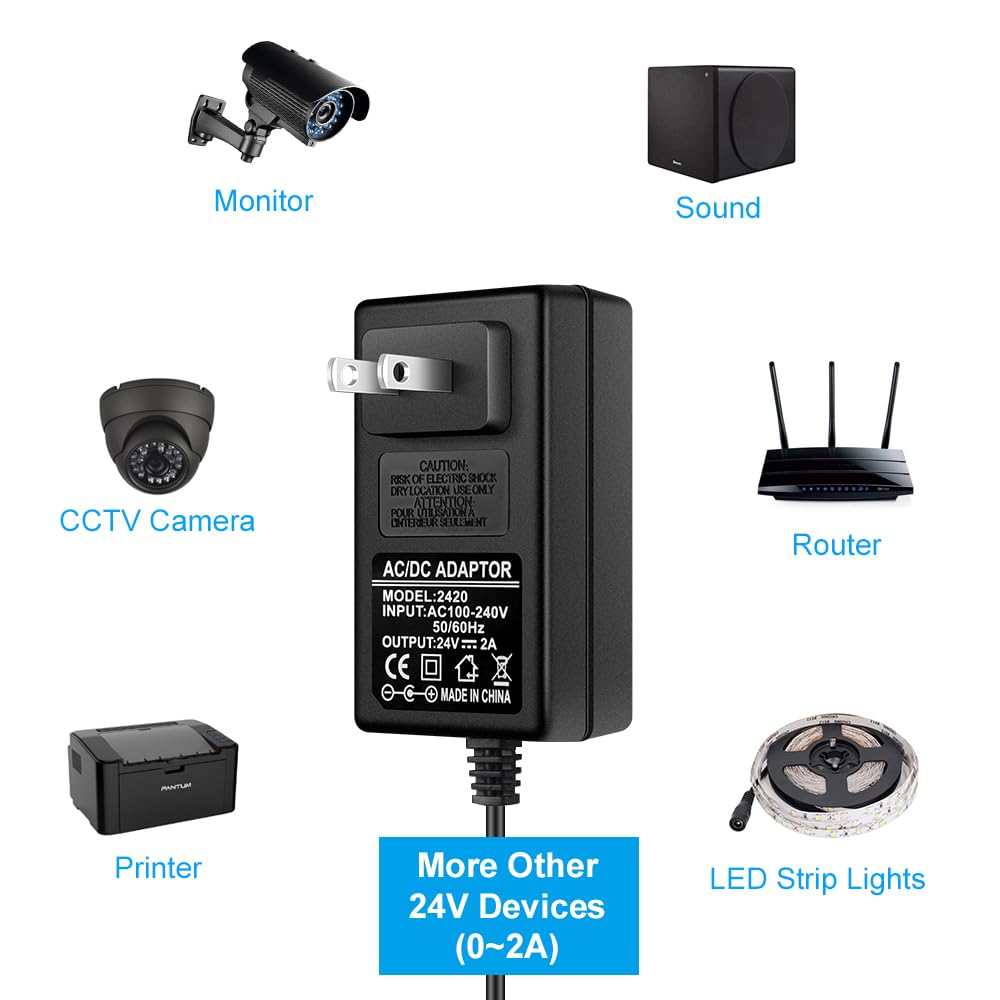 Zasilacz 24 V, zasilacz LED 24 V, 2 A, 48 W, AC 100-240 V na DC 24 V, transformator do taśm LED, zasilacz ścienny ze złączem żeńskim 5,5/2,1 DC (5 sztuk)