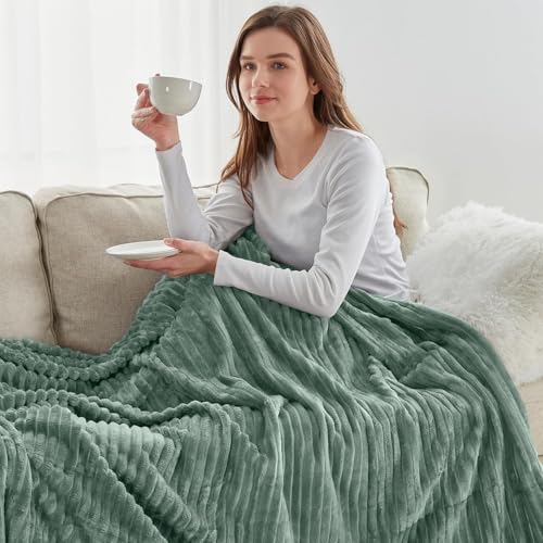 Image of Nestl Green Throw Blanket for Couch - Cozy Warm Fuzzy Blankets for Women, Set of 2 Small Fleece Throws for Girls - Sage Green, 50 x 60 Inches